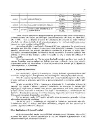 177
5% FEx 0250270021
20400-5 33110100 ARRENDAMENTOS
70% UG 0250270002
25% FEx 0250270001
5% FEx 0250270021
20804-3 33110100 CESSÃO DE USO DE BENS IMÓVEIS
70% UG 0250270002
30% FEx 0250270001
22693-9 33110100
CONCESSÃO DE DIREITO REAL DE
USO RESOLÚVEL
70% UG 0250270002
30% FEx 0250270001
Ao ser efetuado o pagamento pelo permissionário, por meio de GRU, com o código previsto,
o sistema destinará 70% (setenta por cento) para a UG arrecadadora e 30% (trinta por cento) para a
UG 167086 - Fundo do Exército (Reserva do Comandante do Exército), ou outro percentual
estipulado. Os valores destinados à UG arrecadadora poderão ser verificados, após compensação
bancária nas contas previstas junto ao SIAFI.
As receitas auferidas pelas Unidades Gestoras (UG) com a exploração das atividades aqui
abrangidas, após deduzidos os valores destinados ao Fundo do Exército (reserva do Comandante do
Exército), são utilizados, em princípio, em benefício dos bens que as geraram, de acordo com a
classificação orçamentária vigente. Nas situações em que houver saldo de recursos recebidos, estes
poderão ser aplicados para atender a outras necessidades da UG, a critério do Ordenador de
Despesas (OD).
Os recursos destinados ao FEx tem como finalidade principal auxiliar o provimento de
recursos financeiros para o aparelhamento do Exército e para a realizações ou serviços, inclusive
programas de ensino e de assistência social que se façam necessários, a fim de que o EB possa dar
cabal cumprimento às suas missões.
6.2.5. Despesas de manutenção
Em virtude das 652 organizações militares do Exército Brasileiro, o patrimônio imobiliário
requer uma atenção especial, principalmente, no que diz respeito à manutenção dos bens imóveis.
Parte dos recursos orçamentários despendidos para a manutenção são originários das receitas
próprias auferidas na exploração econômica e que complementam os montantes alocados pelo
tesouro.
A ação orçamentária 20PY – Adequação e Construção de Organizações Militares do
Exército; cujo objetivo é adequar e otimizar a infraestrutura de instalações do Exército para
ampliação da capacidade de cumprir suas missões constitucionais pela maior efetividade da
presença militar, facilitando a mobilidade das tropas e incrementando o monitoramento das
fronteiras e de outras áreas sensíveis do território nacional; é a principal responsável pelos recursos
destinados à manutenção do patrimônio imobiliário.
Em seu escopo, a ação 20PY contém atividades como recuperação, reparação, reforma,
adequação e adaptação de instalações.
No ano de 2015, o Departamento de Engenharia e Construção, responsável pela ação,
executou cerca de R$ 70 milhões, entre obras e manutenção, atingindo uma meta de física de 70
(setenta) Organizações Militares Adequadas.
6.2.6. Qualidade dos Registros Contábeis
Os registros contábeis são de responsabilidade das Organizações Militares e das Regiões
Militares. São objeto de análises contábeis das ICFEx e da Diretoria de Contabilidade, e não
apresentaram restrições no exercício financeiro.
 