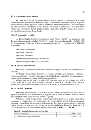 189
6.5.4. Relacionamento dos recursos
O Fundo do Exército tem como principal função auxiliar o provimento de recursos
financeiros para o aparelhamento do Exército e para realizações ou serviços inclusive de programas
de assistência social que, a juízo do Ministro do Exército, se façam necessários, a fim de que possa
o Exército dar cabal cumprimento às suas missões. Analisando os relatórios do Fundo do Exército
percebe-se o cumprimento de 90% do planejamento orçamentário de 2015, ou seja, o FEx alcançou
um satisfatório desempenho de sua função.
6.5.5. Demonstrações contábeis
As Demonstrações Contábeis Aplicadas ao Setor Público (DCASP) são compostas pelas
demonstrações enumeradas pela Lei nº 4.320/19641, pelas demonstrações exigidas pela NBC T 16.
6 – Demonstrações Contábeis e pelas demonstrações exigidas pela Lei Complementar nº 101/2000,
as quais são:
a) Balanço Orçamentário
b) Balanço Financeiro
c) Balanço Patrimonial
d) Demonstração das Variações Patrimoniais
e) Demonstração dos Fluxos de Caixa (DFC)
6.5.5.1. Balanço Orçamentário
O Balanço Orçamentário demonstrará as receitas e despesas previstas em confronto com as
realizadas.
O Balanço Orçamentário demonstra as receitas detalhadas por categoria econômica e
origem, especificando a previsão inicial, a previsão atualizada para o exercício, a receita realizada e
o saldo, que corresponde ao excesso ou déficit de arrecadação.
O balanço orçamentário do exercício de 2015 apresenta como receita prevista o valor de R$
1.338.179.667,00 e como valor da receita realizada o valor de R$1.363.961.570,87, ou seja,
ocorreu um excesso de arrecadação no valor de R$ 25.781.903,87 durante o exercício de 2015.
6.5.5.2. Balanço Financeiro
O Balanço Financeiro (BF) evidencia as receitas e despesas orçamentárias, bem como os
ingressos e dispêndios extra orçamentários, conjugados com os saldos de caixa do exercício anterior
e os que se transferem para o início do exercício seguinte.
O Balanço Financeiro demonstra a receita orçamentária realizada e a despesa orçamentária
executada, os recebimentos e os pagamentos extra orçamentários; as transferências financeiras
recebidas e concedidas, decorrentes ou independentes da execução orçamentária; o saldo em
espécie do exercício anterior e para o exercício seguinte. O Balanço Financeiro do exercício de
2015 demonstra que ocorreu um superávit financeiro no valor de R$1.053.182.881,14.
Tabela 27 – Resultado financeiro do exercício - FEx
Receitas Orçamentárias 1.363.961.570,87
(+) Transferências Financeiras Recebidas 1.171.875.137,10
 