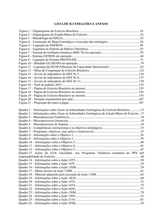 LISTA DE ILUSTRAÇÕES E ANEXOS
Figura 1 – Organograma do Exército Brasileiro...............................................................................14
Figura 2 – Organograma do Estado-Maior do Exército....................................................................16
Figura 3 – Metodologia da SIPLEx...................................................................................................23
Figura 4 – Construção do Mapa Estratégico e execução das estratégias..........................................24
Figura 5 – Logotipia do SISFRON...................................................................................................49
Figura 6 – Logotipia do Sistema de Defesa Cibernética...................................................................55
Figura 7 – Sistema de Artilharia Antiaérea (RBS 70) em operação..................................................59
Figura 8 – Sistema ASTROS em operação........................................................................................64
Figura 9 – Logotipia do Sistema PROTEGER..................................................................................71
Figura 10 – Blindado GUARANI em operação.................................................................................74
Figura 11 – Logotipia da OCOP (Obtenção da Capacidade Operacional).........................................81
Figura 12 – Obras de Cooperação do Exército Brasileiro................................................................122
Figura 13 – Árvore de indicadores do OEE Nr 5.............................................................................136
Figura 14 – Árvore de indicadores do OEE Nr 8.............................................................................137
Figura 15 – Árvore de indicadores do OEE Nr 13...........................................................................139
Figura 16 – Total de pedidos 2015...................................................................................................153
Figura 17 – Página do Exército Brasileiro na internet.....................................................................155
Figura 18 – Página do Exército Brasileiro na internet.....................................................................156
Figura 19 – Página do Exército Brasileiro na internet.....................................................................156
Figura 20 – Dotação orçamentária por ação....................................................................................187
Figura 21 – Proporção de restos a pagar..........................................................................................187
Quadro 1 – Informações sobre Áreas ou Subunidades Estratégicas do Exército Brasileiro..............15
Quadro 2 – Informações sobre Áreas ou Subunidades Estratégicas do Estado-Maior do Exército...17
Quadro 3 – Macroprocessos Finalísticos............................................................................................18
Quadro 4 – Macroprocessos Gerenciais.............................................................................................18
Quadro 5 – Macroprocessos de Suporte.............................................................................................18
Quadro 6 – Competências institucionais e os objetivos estratégicos.................................................33
Quadro 7 – Programas, objetivos, suas ações e responsáveis............................................................33
Quadro 8 – Informações sobre o Objetivo 1......................................................................................36
Quadro 9 – Informações sobre o Objetivo 2......................................................................................39
Quadro 10 – Informações sobre o Objetivo 3....................................................................................40
Quadro 11 – Informações sobre o Objetivo 4....................................................................................43
Quadro 12 – Informações sobre o Objetivo 5....................................................................................45
Quadro 13 – Ações da LOA vinculadas aos Programas Temáticos constantes do PPA sob
responsabilidade do Exército..............................................................................................................48
Quadro 14 – Informações sobre a Ação 14T5....................................................................................50
Quadro 15 – Informações sobre a Ação 147F.....................................................................................55
Quadro 16 – Informações sobre a Ação 13DB...................................................................................59
Quadro 17 – Metas iniciais da Ação 13DB........................................................................................61
Quadro 18 – Material adquirido pela execução da Ação 13DB.........................................................62
Quadro 19 – Informações sobre a Ação 14LW...................................................................................64
Quadro 20 – Informações sobre a Ação 14T6....................................................................................71
Quadro 21 – Informações sobre a Ação 14T4....................................................................................75
Quadro 22 – Informações sobre a Ação 4450....................................................................................77
Quadro 23 – Informações sobre a Ação 156M...................................................................................79
Quadro 24 – Informações sobre a Ação 156N....................................................................................81
Quadro 25 – Informações sobre a Ação 3138....................................................................................83
Quadro 26 – Informações sobre a Ação 20XK...................................................................................85
 