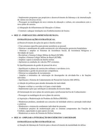 31
- Implementar programas que propiciem o desenvolvimento da liderança e de internalização
de valores nos diversos níveis.
- Prosseguir na modelagem do novo sistema de educação e cultura, em consonância com o
novo plano de carreira.
c) Adequação da infraestrutura de Educação e Cultura:
- Construir e adequar instalações nos Estabelecimentos de Ensino.
 OEE 13 - FORTALECER A DIMENSÃO HUMANA
ESTRATÉGIAS/AÇÕES ESTRATÉGICAS:
a) Desenvolvimento de ações de apoio à família militar:
- Criar estrutura específica para prestar assistência ao pessoal.
- Otimizar o atendimento de saúde assistencial e de informações gerenciais hospitalares.
- Otimizar e ampliar os Sistemas de Assistência Social, de Assistência Religiosa e
Atividades de Lazer.
- Revitalizar o Sistema Colégio Militar do Brasil (SCMB).
- Ampliar o Sistema Colégio Militar do Brasil (SCMB).
- Ampliar o apoio à moradia da família militar.
- Aprimorar as condições de vida dos PEF existentes.
b) Aperfeiçoamento da gestão de pessoal da ativa:
- Aperfeiçoar os planos de carreira dos militares e servidores civis.
- Implementar a gestão de pessoal por competência.
- Otimizar as campanhas de recrutamento.
- Ampliar a sistemática de valorização do desempenho da atividade-fim e de funções
relevantes.
- Aperfeiçoar o Sistema de Cadastramento de Pessoal do Exército (SICAPEX).
c) Adoção de políticas para atender demandas da inatividade:
- Preparar o militar e o servidor civil para a inatividade.
- Implementar ações que satisfaçam as demandas da terceira idade.
d) Estruturação do novo plano de carreira para o profissional da Era do Conhecimento:
- Prosseguir na modelagem do novo plano de carreira.
e) Aquisição e Modernização de Produtos de Defesa (PRODE):
- Modernizar produtos, atendendo aos conceitos de letalidade seletiva e proteção (individual
e coletiva).
- Modernizar o sistema do combatente individual do presente.
- Estabelecer projetos de modernização para os sistemas componentes das Funções de
Combate, capacitando-os para operar em rede.
- Modernizar os meios do Sistema de Defesa Antiaérea.
 OEE 14 - AMPLIAR A INTEGRAÇÃO DO EXÉRCITO À SOCIEDADE
ESTRATÉGIAS/AÇÕES ESTRATÉGICAS:
a) Atuação da liderança do Exército para o desenvolvimento da mentalidade de defesa:
 