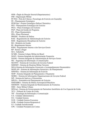 ODS - Órgão de Direção Setorial (Departamentos)
OM - Organização Militar
PCTEG - Polo de Ciência e Tecnologia do Exército em Guaratiba
PE - Planejamento Estratégico
PEDCiber - Projeto Estratégico Defesa Cibernética
PEE - Planejamento Estratégico do Exército
PEEx - Plano Estratégico do Exército
PGP - Plano de Gestão do Programa
PO - Plano Orçamentário
PPA - Plano Plurianual
PRODE - Produtos de Defesa
RAE - Regulamento de Administração do Exército
RDE - Regulamento Disciplinar do Exército
RG - Relatório de Gestão
RI - Regulamento Interno
RISG - Regulamento Interno e dos Serviços Gerais
RP - Restos a Pagar
SCh - Subchefia
SCMB - Sistema Colégio Militar do Brasil
SIAFI - Sistema Integrado da Administração Financeira
SIASG - Sistema Integrado de Administração de Serviços Gerais
SIC - Segurança da Informação e Comunicações
SICONV - Sistema de Convênios do Governo Federal
SIDOMT - Sistema de Doutrina Militar Terrestre
SIGA-Sistema de Informações Gerenciais e Acompanhamento Orçamentário
SIGPLAN - Sistema de Informações Gerenciais e de Planejamento
SINFOEx - Sistema de Informação do Exército
SIOP - Sistema Integrado de Planejamento e Orçamento
SIORG - Sistema de Informações Organizacionais do Governo Federal
SIP - Sistema de Inativos e Pensionistas
SIPLEx - Sistemática de Planejamento do Exército
SISDABRA - Sistema de Defesa Aeroespacial Brasileiro
SISFRON - Sistema Integrado de Monitoramento de Fronteiras
SMU - Setor Militar Urbano
SPIUnet - Sistema de Gerenciamento do Patrimônio Imobiliário de Uso Especial da União
TCU - Tribunal de Contas da União
TIC - Tecnologia da Informação e Comunicação
UA - Unidade Administrativa
UG - Unidade Gestora
UGE - Unidade Gestora Executora
UGR - Unidade Gestora Responsável
UJ - Unidade Jurisdicionada
UPC - Unidade Prestadora de Contas
 