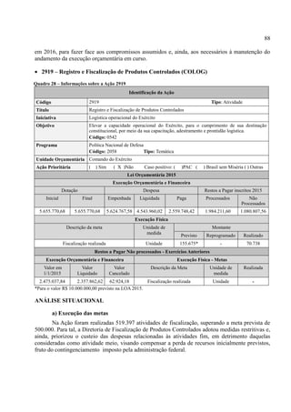 88
em 2016, para fazer face aos compromissos assumidos e, ainda, aos necessários à manutenção do
andamento da execução orçamentária em curso.
 2919 – Registro e Fiscalização de Produtos Controlados (COLOG)
Quadro 28 – Informações sobre a Ação 2919
Identificação da Ação
Código 2919 Tipo: Atividade
Título Registro e Fiscalização de Produtos Controlados
Iniciativa Logística operacional do Exército
Objetivo Elevar a capacidade operacional do Exército, para o cumprimento de sua destinação
constitucional, por meio da sua capacitação, adestramento e prontidão logística.
Código: 0542
Programa Política Nacional de Defesa
Código: 2058 Tipo: Temática
Unidade Orçamentária Comando do Exército
Ação Prioritária ( ) Sim ( X )Não Caso positivo: ( )PAC ( ) Brasil sem Miséria ( ) Outras
Lei Orçamentária 2015
Execução Orçamentária e Financeira
Dotação Despesa Restos a Pagar inscritos 2015
Inicial Final Empenhada Liquidada Paga Processados Não
Processados
5.655.770,68 5.655.770,68 5.624.767,58 4.543.960,02 2.559.748,42 1.984.211,60 1.080.807,56
Execução Física
Descrição da meta Unidade de
medida
Montante
Previsto Reprogramado Realizado
Fiscalização realizada Unidade 155.675* - 70.738
Restos a Pagar Não processados - Exercícios Anteriores
Execução Orçamentária e Financeira Execução Física - Metas
Valor em
1/1/2015
Valor
Liquidado
Valor
Cancelado
Descrição da Meta Unidade de
medida
Realizada
2.475.037,84 2.357.862,62 62.924,18 Fiscalização realizada Unidade -
*Para o valor R$ 10.000.000,00 previsto na LOA 2015.
ANÁLISE SITUACIONAL
a) Execução das metas
Na Ação foram realizadas 519.397 atividades de fiscalização, superando a meta prevista de
500.000. Para tal, a Diretoria de Fiscalização de Produtos Controlados adotou medidas restritivas e,
ainda, priorizou o custeio das despesas relacionadas às atividades fim, em detrimento daquelas
consideradas como atividade meio, visando compensar a perda de recursos inicialmente previstos,
fruto do contingenciamento imposto pela administração federal.
 