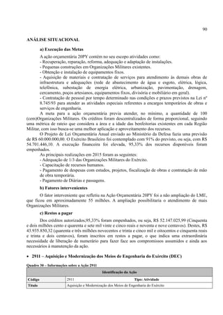 90
ANÁLISE SITUACIONAL
a) Execução das Metas
A ação orçamentária 20PY contém no seu escopo atividades como:
- Recuperação, reparação, reforma, adequação e adaptação de instalações.
- Pequenas construções em Organizações Militares existentes.
- Obtenção e instalação de equipamentos fixos.
- Aquisição de materiais e contratação de serviços para atendimento às demais obras de
infraestrutura e adequações (rede de abastecimento de água e esgoto, elétrica, lógica,
telefônica, subestação de energia elétrica, urbanização, pavimentação, drenagem,
cercamento, poços artesianos, equipamentos fixos, divisória e mobiliário em geral).
- Contratação de pessoal por tempo determinado nas condições e prazos previstos na Lei nº
8.745/93 para atender as atividades especiais referentes a encargos temporários de obras e
serviços de engenharia.
A meta para a ação orçamentária previa atender, no mínimo, a quantidade de 100
(cem)Organizações Militares. Os créditos foram descentralizados de forma proporcional, seguindo
uma métrica de rateio que considera a área e a idade das benfeitorias existentes em cada Região
Militar, com isso busca-se uma melhor aplicação e aproveitamento dos recursos.
O Projeto de Lei Orçamentária Anual enviado ao Ministério da Defesa fazia uma previsão
de R$ 60.000.000,00. O Exército Brasileiro foi contemplado com 91% do previsto, ou seja, com R$
54.701.446,10. A execução financeira foi elevada, 95,33% dos recursos disponíveis foram
empenhados.
As principais realizações em 2015 foram as seguintes:
- Adequação de 1/3 das Organizações Militares do Exército.
- Capacitação de recursos humanos.
- Pagamento de despesas com estudos, projetos, fiscalização de obras e contratação de mão
de obra temporária.
- Pagamento de Diárias e passagens.
b) Fatores intervenientes
O fator interveniente que refletiu na Ação Orçamentária 20PY foi a não ampliação do LME,
que ficou em aproximadamente 55 milhões. A ampliação possibilitaria o atendimento de mais
Organizações Militares.
c) Restos a pagar
Dos créditos autorizados,95,33% foram empenhados, ou seja, R$ 52.147.025,99 (Cinquenta
e dois milhões cento e quarenta e sete mil vinte e cinco reais e noventa e nove centavos). Destes, R$
43.935.850,32 (quarenta e três milhões novecentos e trinta e cinco mil e oitocentos e cinquenta reais
e trinta e dois centavos), foram inscritos em restos a pagar, o que indica uma extraordinária
necessidade de liberação de numerário para fazer face aos compromissos assumidos e ainda aos
necessários à manutenção da ação.
 2911 – Aquisição e Modernização dos Meios de Engenharia do Exército (DEC)
Quadro 30 – Informações sobre a Ação 2911
Identificação da Ação
Código 2911 Tipo: Atividade
Título Aquisição e Modernização dos Meios de Engenharia do Exército
 