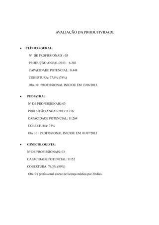 AVALIAÇÃO DA PRODUTIVIDADE
• CLÍNICO GERAL:
Nº DE PROFISSIONAIS : 03
PRODUÇÃO ANUAL/2013 : 6.202
CAPACIDADE POTENCIAL : 8.448
COBERTURA: 77,6% (78%)
Obs.: 01 PROFISSIONAL INICIOU EM 13/06/2013.
• PEDIATRA:
Nº DE PROFISSIONAIS: 03
PRODUÇÃO ANUAL/2013: 8.236
CAPACIDADE POTENCIAL: 11.264
COBERTURA: 73%
Obs : 01 PROFISSIONAL INICIOU EM 01/07/2013
• GINECOLOGISTA:
Nº DE PROFISSIONAIS: 03
CAPACIDADE POTENCIAL: 9.152
COBERTURA: 79,3% (80%)
Obs.:01 profissional esteve de licença médica por 20 dias.
 