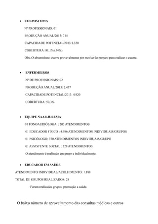 • COLPOSCOPIA
Nº PROFISSIONAIS: 01
PRODUÇÃO ANUAL/2013: 714
CAPACIDADE POTENCIAL/2013:1.320
COBERTURA: 81,1% (54%)
Obs.:O absenteísmo ocorre provavelmente por motivo do preparo para realizar o exame.
• ENFERMEIROS
Nº DE PROFISSIONAIS: 02
PRODUÇÃO ANUAL/2013: 2.477
CAPACIDADE POTENCIAL/2013: 4.920
COBERTURA: 50,3%
• EQUIPE NAAB JUREMA
01 FONOAUDIÓLOGA : 203 ATENDIMENTOS
01 EDUCADOR FÍSICO : 4.986 ATENDIMENTOS INDIVIDUAIS/GRUPOS
01 PSICÓLOGO: 370 ATENDIMENTOS INDIVIDUAIS/GRUPO
01 ASSISTENTE SOCIAL : 328 ATENDIMENTOS.
O atendimento é realizado em grupo e individualmente.
• EDUCADOR EM SAÚDE
ATENDIMENTO INDIVIDUAL/ACOLHIMENTO: 1.188
TOTAL DE GRUPOS REALIZADOS: 28
Foram realizados grupos promoção a saúde.
O baixo número de aproveitamento das consultas médicas e outros
 