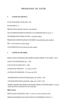 PROGRAMAS DE SAÚDE
• SAÚDE DA CRIANÇA
Nº DE NASCIDOS VIVOS 2013: 463
RN DE RISCO: 11
ÓBITOS NEO NATAIS: fetal:05 e não fetal:09
EM ACOMPANHAMENTO MENSAL NA UNIDADE (RN de risco): 11
ATENDIMENTO PUERICULTURA : consulta médica
PROGRAMA ODONTOLÓGICO DO BEBÊ :encaminhadas pelo pediatra
PSE : envolvimento de toda equipe
ACOLHIMENTO:envolvimento de toda equipe
• SAÚDE DA MULHER
POPULAÇÃO ESTIMADA MULHERES IDADE FÉRTIL 10-49 ANOS : 9.614
COLETA DE PAPANICOLAU: 1.768
COLETA DE EXAME HCG: 1.200
ALTERAÇÃO SISCOLO : 61 casos em 2013
ALTERAÇÃO SISMAMA: 135 casos em 2013
MAMOGRAFIAS SOLICITADAS:dados até 10/2013 : 630
COLPOSCOPIAS REALIZADAS: dados até 12/2013: 530
MORTALIDADE MULHERES EM IDADE FÉRTIL INVESTIGADOS: 10 casos,
sendo que 04 de ocorrência fora do município.
PRÉ NATAL
POPULAÇÃO GESTANTE: 488 ( 1ª CONSULTA COM ENFERMAGEM)
ÓBITOS MATERNOS EM GESTANTES OU PUÉRPERAS TOTAL: 0
 