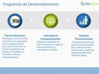 Programas de Desenvolvimento 
Prêmio RioJunior: Premiação anual que visa reconhecer os destaques do ano vigente dentre dos critérios de Foco no Cliente, Excelência em Gestão, Felicidade no Trabalho e Atitude Empreendedora. 
Indicadores Compartilhados: Programa acoplado ao Prêmio RioJunior. Coleta e monitoramento de indicadores da Rede. 
Suporte Personalizado: Acompanhamento da gestão das EJs através dos critérios do PEG, assim como criação de planos de ação para melhoria dessa.  