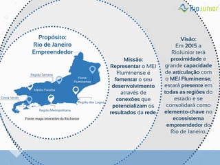 Visão: Em 2015 a RioJunior terá proximidade e grande capacidade de articulação com o MEJ Fluminense, estará presente em todas as regiões do estado e se consolidará como elemento-chave no ecossistema empreendedor do Rio de Janeiro. 
Missão: Representar o MEJ Fluminense e fomentar o seu desenvolvimento através de conexões que potencializam os resultados da rede. 
Propósito: Rio de Janeiro Empreendedor  