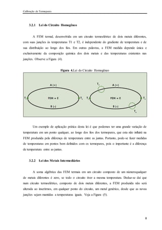Calibração de Termopares
8
3.2.1 Lei do Circuito Homogêneo
A FEM termal, desenvolvida em um circuito termoelétrico de dois metais diferentes,
com suas junções às temperaturas T1 e T2, é independente do gradiente de temperatura e de
sua distribuição ao longo dos fios. Em outras palavras, a FEM medida depende única e
exclusivamente da composição química dos dois metais e das temperaturas existentes nas
junções. Observe a Figura (4).
Figura 4.Lei do Circuito Homogêneo
Um exemplo de aplicação prática desta lei é que podemos ter uma grande variação de
temperatura em um ponto qualquer, ao longo dos fios dos termopares, que esta não influirá na
FEM produzida pela diferença de temperatura entre as juntas. Portanto, pode-se fazer medidas
de temperaturas em pontos bem definidos com os termopares, pois o importante é a diferença
de temperatura entre as juntas.
3.2.2 Lei dos Metais Intermediários
A soma algébrica das FEM termais em um circuito composto de um númeroqualquer
de metais diferentes é zero, se todo o circuito tiver a mesma temperatura. Deduz-se daí que
num circuito termoelétrico, composto de dois metais diferentes, a FEM produzida não será
alterada ao inserirmos, em qualquer ponto do circuito, um metal genérico, desde que as novas
junções sejam mantidas a temperaturas iguais. Veja a Figura (5).
 