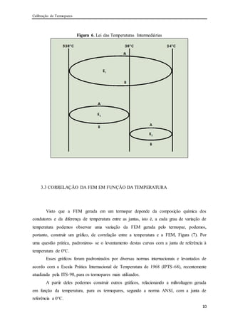 Calibração de Termopares
10
Figura 6. Lei das Temperaturas Intermediárias
3.3 CORRELAÇÃO DA FEM EM FUNÇÃO DA TEMPERATURA
Visto que a FEM gerada em um termopar depende da composição química dos
condutores e da diferença de temperatura entre as juntas, isto é, a cada grau de variação de
temperatura podemos observar uma variação da FEM gerada pelo termopar, podemos,
portanto, construir um gráfico, de correlação entre a temperatura e a FEM, Figura (7). Por
uma questão prática, padronizou- se o levantamento destas curvas com a junta de referência à
temperatura de 0ºC.
Esses gráficos foram padronizados por diversas normas internacionais e levantados de
acordo com a Escala Prática Internacional de Temperatura de 1968 (IPTS-68), recentemente
atualizada pela ITS-90, para os termopares mais utilizados.
A partir deles podemos construir outros gráficos, relacionando a milivoltagem gerada
em função da temperatura, para os termopares, segundo a norma ANSI, com a junta de
referência a 0°C.
 