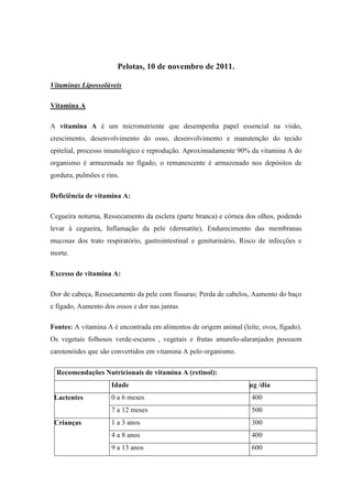 Pelotas, 10 de novembro de 2011.

Vitaminas Lipossolúveis

Vitamina A

A vitamina A é um micronutriente que desempenha papel essencial na visão,
crescimento, desenvolvimento do osso, desenvolvimento e manutenção do tecido
epitelial, processo imunológico e reprodução. Aproximadamente 90% da vitamina A do
organismo é armazenada no fígado; o remanescente é armazenado nos depósitos de
gordura, pulmões e rins.

Deficiência de vitamina A:

Cegueira noturna, Ressecamento da esclera (parte branca) e córnea dos olhos, podendo
levar à cegueira, Inflamação da pele (dermatite), Endurecimento das membranas
mucosas dos trato respiratório, gastrointestinal e geniturinário, Risco de infecções e
morte.

Excesso de vitamina A:

Dor de cabeça, Ressecamento da pele com fissuras; Perda de cabelos, Aumento do baço
e fígado, Aumento dos ossos e dor nas juntas

Fontes: A vitamina A é encontrada em alimentos de origem animal (leite, ovos, fígado).
Os vegetais folhosos verde-escuros , vegetais e frutas amarelo-alaranjados possuem
carotenóides que são convertidos em vitamina A pelo organismo.

  Recomendações Nutricionais de vitamina A (retinol):
                     Idade                                          µg /dia
 Lactentes           0 a 6 meses                                    400
                     7 a 12 meses                                   500
 Crianças            1 a 3 anos                                     300
                     4 a 8 anos                                     400
                     9 a 13 anos                                    600
 
