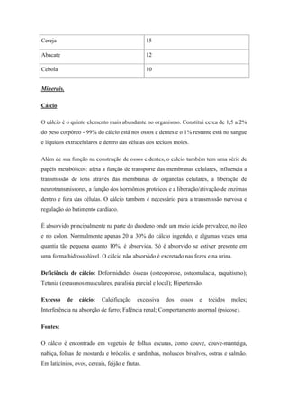 Cereja                                           15

Abacate                                          12

Cebola                                           10


Minerais.

Cálcio

O cálcio é o quinto elemento mais abundante no organismo. Constitui cerca de 1,5 a 2%
do peso corpóreo - 99% do cálcio está nos ossos e dentes e o 1% restante está no sangue
e líquidos extracelulares e dentro das células dos tecidos moles.

Além de sua função na construção de ossos e dentes, o cálcio também tem uma série de
papéis metabólicos: afeta a função de transporte das membranas celulares, influencia a
transmissão de íons através das membranas de organelas celulares, a liberação de
neurotransmissores, a função dos hormônios protéicos e a liberação/ativação de enzimas
dentro e fora das células. O cálcio também é necessário para a transmissão nervosa e
regulação do batimento cardíaco.

É absorvido principalmente na parte do duodeno onde um meio ácido prevalece, no íleo
e no cólon. Normalmente apenas 20 a 30% do cálcio ingerido, e algumas vezes uma
quantia tão pequena quanto 10%, é absorvida. Só é absorvido se estiver presente em
uma forma hidrossolúvel. O cálcio não absorvido é excretado nas fezes e na urina.

Deficiência de cálcio: Deformidades ósseas (osteoporose, osteomalacia, raquitismo);
Tetania (espasmos musculares, paralisia parcial e local); Hipertensão.

Excesso     de   cálcio:   Calcificação     excessiva   dos   ossos   e   tecidos   moles;
Interferência na absorção de ferro; Falência renal; Comportamento anormal (psicose).

Fontes:

O cálcio é encontrado em vegetais de folhas escuras, como couve, couve-manteiga,
nabiça, folhas de mostarda e brócolis, e sardinhas, moluscos bivalves, ostras e salmão.
Em laticínios, ovos, cereais, feijão e frutas.
 