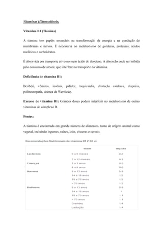 Vitaminas Hidrossolúveis;

Vitamina B1 (Tiamina)

A tiamina tem papéis essenciais na transformação de energia e na condução de
membranas e nervos. É necessária no metabolismo de gorduras, proteínas, ácidos
nucléicos e carboidratos.

É absorvida por transporte ativo no meio ácido do duodeno. A absorção pode ser inibida
pelo consumo de álcool, que interfere no transporte da vitamina.

Deficiência de vitamina B1:

Beribéri, vômitos, insônia, palidez, taquicardia, dilatação cardíaca, dispnéia,
polineuropatia, doença de Wernicke.

Excesso de vitamina B1: Grandes doses podem interferir no metabolismo de outras
vitaminas do complexo B.

Fontes:

A tiamina é encontrada em grande número de alimentos, tanto de origem animal como
vegetal, incluindo legumes, raízes, leite, vísceras e cereais.
 