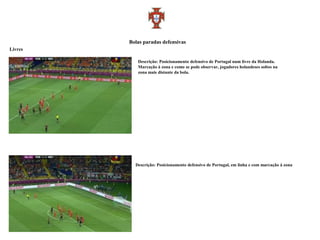 Bolas paradas defensivas
Livres

            Descrição: Posicionamento defensivo de Portugal num livre da Holanda.
            Marcação à zona e como se pode observar, jogadores holandeses soltos na
            zona mais distante da bola.




           Descrição: Posicionamento defensivo de Portugal, em linha e com marcação à zona
 