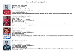 Caraterização individual dos jogadores

Nome: Hugo Miguel Pereira Almeida
Data de Nascimento: 23-05-1984
Posição: Avançado
Nº: 9     Altura: 1,90m         Peso: 79kg
Nº de cartões amarelos e vermelhos na competição: 0
Nº de golos na competição: 0
Minutos jogados na competição: 131
Avançado muito alto e poçante, possuidor de um remate fortíssimo. Não é muito veloz, por isso a sua forma de jogar é mais posicional e menos móvel.

Nome: Ricardo Andrade Quaresma Bernardo
Data de Nascimento: 26-09-1983
Posição: Extremo
Nº: 10      Altura: 1,73m         Peso: 67kg
Nº de cartões amarelos e vermelhos na competição: 0
Nº de golos na competição: 0
Minutos jogados na competição: 0
Jogador que se destaca pela sua individualidade. Muito bom tecnicamente, forte a desequilibrar no um-para-um e muito rápido. No entanto não é um
jogador muito constante, a sua forma de jogar vive de momentos.


Nome: Nélson Miguel Castro Oliveira
Data de Nascimento: 08-08-1991
Posição: Avançado
Nº: 11       Altura: 1,86m          Peso: 82kg
Nº de cartões amarelos e vermelhos na competição: 0
Nº de golos na competição: 0
Minutos jogados na competição: 81
Jogador mais jovem da convocatória. Irreverente, mas também muito trabalhador. Avançado com caraterísticas especiais, faz boas combinações com os
colegas e é forte a jogar de costas para a baliza.



Nome: Rui Pedro dos Santos Patrício
Data de Nascimento: 15-02-1988
Posição: Guarda-Redes
Nº: 12      Altura: 1,90m        Peso: 84kg
Nº de cartões amarelos e vermelhos na competição: 0
Nº de golos sofridos na competição: 4
Minutos jogados na competição: 450
Guarda-Redes jovem com grande margem de progressão, mas já demosntra bastante qualidade e segurança na baliza. Muito forte entre os postes e
seguro quando sai da baliza.
 