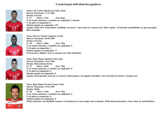 Caraterização individual dos jogadores

Nome: Luis Carlos Almeida da Cunha (Nani)
Data de Nascimento: 17-11-1986
Posição: Extremo
Nº: 17      Altura: 1,75m       Peso: 66kg
Nº de cartões amarelos e vermelhos na competição: 1 amarelo
Nº de golos na competição: 0
Minutos jogados na competição: 439
Jogador muito forte tecnicamente, facilidade em passar o adversário no um-para-um. Muito rápido e dá bastante profundidade ao jogo português.
Bom rematador.

Nome: Silvestre Manuel Gonçalves Varela
Data de Nascimento: 02-02-1985
Posição: Extremo
Nº: 18      Altura: 1,80m       Peso: 75kg
Nº de cartões amarelos e vermelhos na competição: 0
Nº de golos na competição: 1
Minutos jogados na competição: 17
Extremo puro. Rápido e forte no um-para-um. Bom finalizador.

Nome: Hugo Miguel Almeida Costa Lopes
Data de Nascimento: 19-12-1986
Posição: Defesa-lateral direito
Nº: 19      Altura: 1,82m       Peso: 79kg
Nº de cartões amarelos e vermelhos na competição: 0
Nº de golos na competição: 0
Minutos jogados na competição: 0
Jogador em progressão. Gosta de se aventurar ofensivamente, tem alguma velocidade e não tem medo de assumir o um-para-um.



Nome: Hugo Miguel Ferreira Gomes Viana
Data de Nascimento: 15-01-1983
Posição: Médio
Nº: 20      Altura: 1,78m        Peso: 74kg
Nº de cartões amarelos e vermelhos na competição: 0
Nº de golos na competição: 0
Minutos jogados na competição: 0
Médio experiente, tem facilidade no passe e em desmarcar os seus colegas mais avançados. Muito bom tecnicamente e bom remate de meia-distância.
 