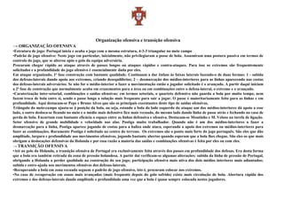 Organização ofensiva e transição ofensiva
→ ORGANIZAÇÃO OFENSIVA
•Estrutura de jogo: Portugal inicia e acaba o jogo com a mesma estrutura, 4-3-3 triangular no meio campo
•Padrão de jogo ofensivo: Neste jogo em particular, inicialmente, não privilegiaram a posse de bola. Assumiram uma postura passiva em termos de
controlo do jogo, que se alterou após o golo da equipa adversária.
Procuram chegar rápido ao ataque através de passes longos ou ataques rápidos e contra-ataques. Para isso os extremos são frequentemente
solicitados e a profundidade do jogo ofensivo é essencialmente dada por eles.
Em ataque organizado, 1ª fase construção com bastante qualidade. Continuam a dar ênfase às faixas laterais fazendo-o de duas formas: 1 - subida
dos defesas-laterais dando apoio aos extremos, criando desequilíbrios; 2 – desmarcação dos médios-interiores para as linhas aparecendo nas costas
dos defesas-laterais adversários. Se não for o médio-interior a fazer a movimentação então o jogador solicitado é o avançado. A partir daqui iniciam
a 2ª fase de construção que normalmente acaba em cruzementos para a área ou em combinações entre o defesa-lateral, o extremo e o avançado.
•Caraterização inter-setorial, combinações e saídas ofensivas: em termos setoriais, o quarteto defensivo não guarda a bola por muito tempo, nem
fazem troca de bola entre si, sendo o passe longo a solução mais frequente para sair a jogar. O passe é maioritariamente feito para as linhas e em
profundidade. Aqui destacam-se Pepe e Bruno Alves que são os principais executantes deste tipo de saídas ofensivas.
Triângulo do meio-campo ajusta-se à posição da bola, ou seja, estando a bola do lado esquerdo do ataque um dos médios-interiores dá apoio a esse
lado, o outro desloca-se ficando no meio e o médio mais defensivo fica mais recuado, do mesmo lado dando linha de passe atrás e fechando no caso de
perda de bola. Encurtam com bastante eficácia o espaço entre as linhas defensiva e ofensiva. Destacam-se Moutinho e M. Veloso na tarefa de ligação.
Setor ofensivo de grande mobilidade e velocidade nas alas. Postiga muito trabalhador. Quando não é um dos médios-interiores a fazer a
desmarcação para a linha, Postiga aparece jogando de costas para a baliza onde ataca, esperando o apoio dos extremos ou médios-interiores para
fazer as combinações. Raramente Postiga é solicitado no centro do terreno. Os extremos são o ponto mais forte do jogo português. São eles que dão
amplitude, largura e profundidade aos movimentos ofensivos, jogando bastante abertos quando esperam que a bola lhes chegue. São eles os que mais
obrigam a deslocações defensivas da Holanda e por essa razão a maioria das saídas e combinações ofensivas é feita por eles ou com eles.
→ TRANSIÇÃO OFENSIVA
•Até ao golo da Holanda, a transição ofensiva de Portugal era exclusivamente feita através dos passes em profundidade dos defesas. Era desta forma
que a bola era também retirada da zona de pressão holandesa. A partir daí verificam-se algumas alterações: subida da linha de pressão de Portugal,
obrigando a Holanda a perder qualidade na construção do seu jogo; participação ofensiva mais ativa dos dois médios interiores mais adiantados;
subida e entre-ajuda nos movimentos ofensivos dos defesas-laterais.
•Recuperando a bola em zona recuada seguem o padrão de jogo ofensivo, isto é, procuram colocar nos extremos.
•No caso de recuperação em zonas mais avançadas (mais frequente depois do golo sofrido) existe mais circulação de bola. Abertura rápida dos
extremos e dos defesas-laterais dando amplitude e profundidade uma vez que a bola é quase sempre colocada nestes jogadores.
 