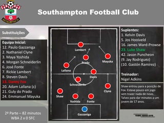 Southampton Football Club

                                                                    Suplentes:
Substituições
                                                                    1. Kelvin Davis
                                                                    5. Jos Hooiveld
Equipa Inicial:
                                                                    16. James Ward-Prowse
12. Paulo Gazzaniga
                                     Lambert                        23. Luke Shaw
2. Nathaniel Clyne
                                                                    42. Jason Puncheon
3. Maya Yoshida
                                                           Mayuka
                                                                    (9. Jay Rodriguez)
4. Morgan Schneiderlin                     Prado
                                                                    (10. Gastón Ramírez)
6. José Fonte
                           Lallana
7. Rickie Lambert
                                                                    Treinador:
8. Steven Davis                                    Davis
                                                                    Nigel Adkins
13. Danny Fox
                                 Schneiderlin
20. Adam Lallana (c)                                                Shaw entrou para a posição de
                                                                    Fox. Esteve pouco em jogo
21. Guly do Prado                                          Clyne
                                                                    sem trazer nada de novo.
24. Emmanuel Mayuka      Shaw                                       Talvez para dar minutos a um
                                 Yoshida        Fonte               jovem de 17 anos.


 2ª Parte – 82 minutos                Gazzaniga
     WBA 2 x 0 SFC
 