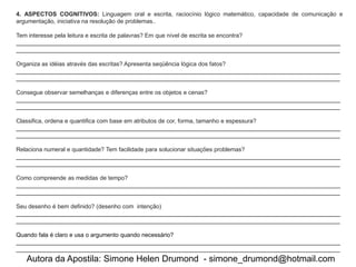 4. ASPECTOS COGNITIVOS: Linguagem oral e escrita, raciocínio lógico matemático, capacidade de comunicação e
argumentação, iniciativa na resolução de problemas..

Tem interesse pela leitura e escrita de palavras? Em que nível de escrita se encontra?
___________________________________________________________________________________________________
___________________________________________________________________________________________________

Organiza as idéias através das escritas? Apresenta seqüência lógica dos fatos?
___________________________________________________________________________________________________
___________________________________________________________________________________________________

Consegue observar semelhanças e diferenças entre os objetos e cenas?
___________________________________________________________________________________________________
___________________________________________________________________________________________________

Classifica, ordena e quantifica com base em atributos de cor, forma, tamanho e espessura?
___________________________________________________________________________________________________
___________________________________________________________________________________________________

Relaciona numeral e quantidade? Tem facilidade para solucionar situações problemas?
___________________________________________________________________________________________________
___________________________________________________________________________________________________

Como compreende as medidas de tempo?
___________________________________________________________________________________________________
___________________________________________________________________________________________________

Seu desenho é bem definido? (desenho com intenção)
___________________________________________________________________________________________________
___________________________________________________________________________________________________

Quando fala é claro e usa o argumento quando necessário?
___________________________________________________________________________________________________
___________________________________________________________________________________________________
   Autora da Apostila: Simone Helen Drumond - simone_drumond@hotmail.com
 