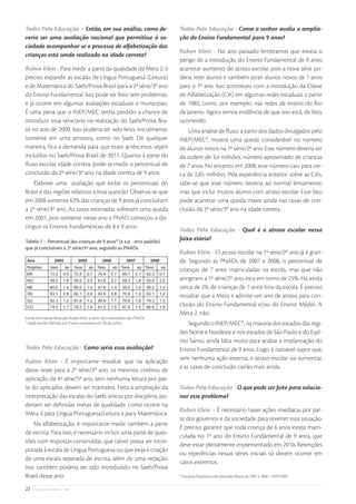 Todos Pela Educação – Então, em sua análise, como de-                          Todos Pela Educação - Como o senhor avalia a amplia-
veria ser uma avaliação nacional que permitisse à so-                          ção do Ensino Fundamental para 9 anos?
ciedade acompanhar se o processo de alfabetização das
                                                                               Ruben Klein - No ano passado lembramos que existia o
crianças está sendo realizado na idade correta?
                                                                               perigo de a introdução do Ensino Fundamental de 9 anos
Ruben Klein - Para medir a parte da qualidade da Meta 2, é                     acarretar aumento do atraso escolar, pois a nova série po-
preciso expandir as escalas de Língua Portuguesa (Leitura)                     deria reter alunos e também atrair alunos novos de 7 anos
e de Matemática do Saeb/Prova Brasil para a 2ª série/3º ano                    para o 1º ano. Isso aconteceu com a introdução da Classe
do Ensino Fundamental. Isso pode ser feito sem problemas,                      de Alfabetização (CA) em algumas redes estaduais a partir
e já ocorre em algumas avaliações estaduais e municipais.                      de 1985, como, por exemplo, nas redes de ensino do Rio
É uma pena que o INEP/MEC tenha perdido a chance de                            de Janeiro. Agora temos evidência de que isso está, de fato,
introduzir essa série/ano na realização do Saeb/Prova Bra-                     ocorrendo.
sil no ano de 2009. Isso poderia ter sido feito, inicialmente,                     Uma análise de ﬂuxo, a partir dos dados divulgados pelo
somente em uma amostra, como no Saeb. De qualquer                              INEP/MEC*, mostra uma queda considerável no número
maneira, ﬁca a demanda para que esses acréscimos sejam                         de alunos novos na 1ª série/2º ano. Esse número deveria ser
incluídos no Saeb/Prova Brasil de 2011. Quanto à parte do                      da ordem de 3,4 milhões, número aproximado de crianças
ﬂuxo escolar, idade correta, pode-se medir o percentual de                     de 7 anos. No entanto, em 2008, esse número caiu para cer-
conclusão da 2ª série/3º ano na idade correta de 9 anos.                       ca de 2,85 milhões. Pela experiência anterior sobre as CAs,
    Elaborei uma avaliação que exibe os percentuais do                         sabe-se que esse número retorna ao normal lentamente,
Brasil e das regiões relativos a essa questão. Observa-se que                  mas que inclui muitos alunos com atraso escolar. Esse fato
em 2008 somente 62% das crianças de 9 anos já concluíram                       pode acarretar uma queda maior ainda nas taxas de con-
a 2ª série/3º ano. As taxas estimadas sofreram uma queda                       clusão da 2ª série/3º ano na idade correta.
em 2007, pois somente nesse ano a PNAD começou a dis-
tinguir os Ensinos Fundamentais de 8 e 9 anos.
                                                                               Todos Pela Educação - Qual é o atraso escolar nessa
Tabela 1 – Percentual das crianças de 9 anos* (e e.p - erro padrão)            faixa etária?
que já concluíram a 2ª série/3º ano, segundo as PNADs.
                                                                               Ruben Klein - O atraso escolar na 1ª série/2º ano já é gran-
                                                                               de. Segundo as PNADs de 2007 e 2008, o percentual de
                                                                               crianças de 7 anos matriculadas na escola, mas que não
                                                                               atingiram a 1ª série/2º ano, esta em torno de 25%. Há ainda
                                                                               cerca de 2% de crianças de 7 anos fora da escola. É preciso
                                                                               ressaltar que a Meta 4 admite um ano de atraso para con-
                                                                               clusão do Ensino Fundamental e/ou do Ensino Médio. A
                                                                               Meta 2, não.
Fonte: Estimativas feitas por Ruben Klein a partir dos microdados das PNADs.
* Idade escolar deﬁnida por 9 anos completos em 30 de junho.                       Segundo o INEP/MEC*, na maioria dos estados das regi-
                                                                               ões Norte e Nordeste e nos estados de São Paulo e do Espí-
                                                                               rito Santo, ainda falta muito para acabar a implantação do
Todos Pela Educação - Como seria essa avaliação?                               Ensino Fundamental de 9 anos. Logo, é razoável supor que,
Ruben Klein - É importante ressaltar que na aplicação                          sem nenhuma ação externa, o atraso escolar vai aumentar,
desse teste para a 2ª série/3º ano, os mesmos critérios de                     e as taxas de conclusão cairão mais ainda.
aplicação da 4ª série/5º ano, sem nenhuma leitura por par-
te do aplicador, devem ser mantidos. Feita a ampliação da                      Todos Pela Educação - O que pode ser feito para solucio-
interpretação das escalas do Saeb, únicas por disciplina, po-                  nar esse problema?
deriam ser deﬁnidas metas de qualidade, como ocorre na
                                                                               Ruben Klein – É necessário haver ações imediatas por par-
Meta 3 para Língua Portuguesa/Leitura e para Matemática.
                                                                               te dos governos e da sociedade para reverter essa situação.
    Na alfabetização, é importante medir também a parte
                                                                               É preciso garantir que toda criança de 6 anos esteja matri-
de escrita. Para isso, é necessário incluir uma parte de ques-
                                                                               culada no 1º ano do Ensino Fundamental de 9 anos, que
tões com respostas construídas, que talvez possa ser incor-
                                                                               deve estar plenamente implementado em 2010. Retenções
porada à escala de Língua Portuguesa ou que exija a criação
                                                                               ou repetências nessas séries iniciais só devem ocorrer em
de uma escala separada de escrita, além de uma redação.
                                                                               casos extremos.
Isso também poderia ter sido introduzido no Saeb/Prova
Brasil desse ano.                                                              * Sinopses Estatísticas da Educação Básica de 2007 e 2008 – INEP/MEC


22   • De Olho nas Metas • 2009
 