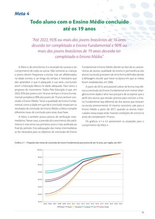 Meta 4
                Todo aluno com o Ensino Médio concluído
                             até os 19 anos
                  “Até 2022, 95% ou mais dos jovens brasileiros de 16 anos
                  deverão ter completado o Ensino Fundamental e 90% ou
                     mais dos jovens brasileiros de 19 anos deverão ter
                                completado o Ensino Médio.”

    A Meta 4, de certa forma, é o resultado do sucesso e do                    Fundamental e Ensino Médio devido ao fato de as caracte-
cumprimento de todas as outras. Não somente as crianças                        rísticas de acesso, qualidade do ensino e permanência dos
e jovens devem frequentar a escola, mas ser alfabetizados                      alunos na escola já estarem de certa forma deﬁnidas devido
na idade correta, e, ao longo do tempo, é necessário que                       à defasagem escolar que havia na época em que as metas
eles aprendam o que é adequado à sua série, concluindo                         foram estabelecidas, em 2006.
assim a Educação Básica na idade adequada. Para tanto, a                           A partir de 2013, será possível cobrar de forma mais efe-
proposta do movimento Todos Pela Educação é que, em                            tiva a conclusão do Ensino Fundamental com menor diver-
2022, 95% dos jovens com 16 anos tenham o Ensino Funda-                        gência entre idade e série. Isso porque é de se esperar que o
mental completo e 90% dos jovens de 19 anos tenham con-                        perﬁl dos alunos que estarão prontos para concluir o Ensi-
cluído o Ensino Médio. Tanto a qualidade do Ensino Funda-                      no Fundamental seja diferente do dos alunos que estavam
mental, como a idade em que ele é concluído impactam os                        na escola anteriormente. O mesmo raciocínio vale para o
resultados de conclusão do Ensino Médio, a Meta 4 propõe                       Ensino Médio a partir de 2017, quando os alunos matri-
diferentes taxas de conclusão para essas duas fases.                           culados nessa etapa terão maiores condições de concluí-la
    A Meta 4 também possui pontos de veriﬁcação inter-                         antes de completarem 19 anos.
mediários. Nesse caso, a previsão do crescimento dos parâ-                        Os gráﬁcos 4.1 e 4.2 apresentam as projeções para o
metros é mais lenta nos primeiros anos e mais acelerada ao                     cumprimento da Meta 4.
ﬁnal do período. Esta adequação das metas intermediárias
se faz necessária para os objetivos de conclusão de Ensino


Gráﬁco 4.1 – Projeções das metas de conclusão do Ensino Fundamental para jovens de até 16 anos, por região, até 2021

                        100,00




                         90,00




                         80,00




                         70,00




                         60,00




                         50,00




                         40,00




                         30,00
                                 2005 2006 2007 2008 2009 2010 2011 2012 2013 2014 2015 2016 2017 2018 2019 2020 2021

                                                   Brasil   Norte   Nordeste     Sudeste   Sul   Centro-Oeste



                                                                                                                                         25
 