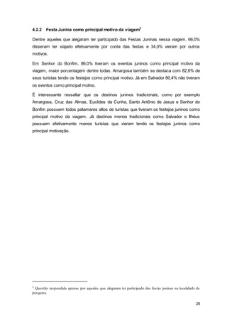 26
4.2.2 Festa Junina como principal motivo da viagem2
Dentre aqueles que alegaram ter participado das Festas Juninas nessa viagem, 66,0%
disseram ter viajado efetivamente por conta das festas e 34,0% vieram por outros
motivos.
Em Senhor do Bonfim, 86,0% tiveram os eventos juninos como principal motivo da
viagem, maior porcentagem dentre todas. Amargosa também se destaca com 82,6% de
seus turistas tendo os festejos como principal motivo. Já em Salvador 80,4% não tiveram
os eventos como principal motivo.
É interessante ressaltar que os destinos juninos tradicionais, como por exemplo
Amargosa, Cruz das Almas, Euclides da Cunha, Santo Antônio de Jesus e Senhor do
Bonfim possuem todos patamares altos de turistas que tiveram os festejos juninos como
principal motivo da viagem. Já destinos menos tradicionais como Salvador e Ilhéus
possuem efetivamente menos turistas que vieram tendo os festejos juninos como
principal motivação.
2
Questão respondida apenas por aqueles que alegaram ter participado das festas juninas na localidade de
pesquisa.
 