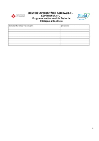 CENTRO UNIVERSITÁRIO SÃO CAMILO –
                                 ESPÍRITO SANTO
                          Programa Institucional de Bolsa de
                                Iniciação à Docência

Joziane Bayerl de Vasconcelos                    professora




                                                               4
 