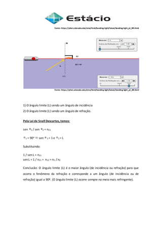 Fonte: https://phet.colorado.edu/sims/html/bending-light/latest/bending-light_pt_BR.html
Fonte: https://phet.colorado.edu/sims/html/bending-light/latest/bending-light_pt_BR.html
1) O ângulo limite (L) sendo um ângulo de incidência
2) O ângulo limite (L) sendo um ângulo de refração.
Pela Lei de Snell Descartes, temos:
sen 1 / sen 2 = n21
1 = 90o sen 1 = 1 e 2 = L
Substituindo:
1 / sen L = n21
sen L = 1 / n21 = n12 = n1 / n2
Conclusão: O ângulo limite (L) é o maior ângulo (de incidência ou refração) para que
ocorra o fenômeno da refração e corresponde a um ângulo (de incidência ou de
refração) igual a 90º. (O ângulo limite (L) ocorre sempre no meio mais refringente).
 