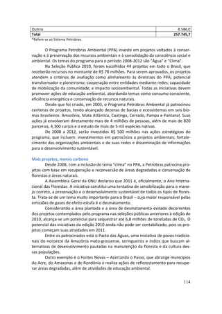Outros                                                                           8.586,0
Total                                                                          257.745,7
*Refere-se ao Sistema Petrobras.

        O Programa Petrobras Ambiental (PPA) investe em projetos voltados à conser-
vação e à preservação dos recursos ambientais e à consolidação da consciência social e
ambiental. Os temas do programa para o período 2008-2012 são “Água” e “Clima”.
        Na Seleção Pública 2010, foram escolhidos 44 projetos em todo o Brasil, que
receberão recursos no montante de R$ 78 milhões. Para serem aprovados, os projetos
atendem a critérios de avaliação como alinhamento às diretrizes do PPA; potencial
transformador e pioneirismo; cooperação entre entidades mediante redes; capacidade
de mobilização da comunidade; e impacto socioambiental. Todas as iniciativas devem
promover ações de educação ambiental, abordando temas como consumo consciente,
eficiência energética e conservação de recursos naturais.
        Desde que foi criado, em 2003, o Programa Petrobras Ambiental já patrocinou
centenas de projetos, tendo alcançado dezenas de bacias e ecossistemas em seis bio-
mas brasileiros: Amazônia, Mata Atlântica, Caatinga, Cerrado, Pampa e Pantanal. Suas
ações já envolveram diretamente mais de 4 milhões de pessoas, além de mais de 820
parcerias, 4.300 cursos e o estudo de mais de 5 mil espécies nativas.
        De 2008 a 2012, serão investidos R$ 500 milhões nas ações estratégicas do
programa, que incluem: investimentos em patrocínios a projetos ambientais; fortale-
cimento das organizações ambientais e de suas redes e disseminação de informações
para o desenvolvimento sustentável.

Mais projetos, menos carbono
        Desde 2008, com a inclusão do tema “clima” no PPA, a Petrobras patrocina pro-
jetos com base em recuperação e reconversão de áreas degradadas e conservação de
florestas e áreas naturais.
        A Assembleia Geral da ONU declarou que 2011 é, oficialmente, o Ano Interna-
cional das Florestas. A iniciativa constitui uma tentativa de sensibilização para o mane-
jo correto, a preservação e o desenvolvimento sustentável de todos os tipos de flores-
ta. Trata-se de um tema muito importante para o Brasil – cujo maior responsável pelas
emissões de gases de efeito estufa é o desmatamento.
        Considerando a área plantada e a área de desmatamento evitado decorrentes
dos projetos contemplados pelo programa nas seleções públicas anteriores à edição de
2010, alcança-se um potencial para sequestrar até 6,8 milhões de toneladas de CO2. O
potencial das iniciativas da edição 2010 ainda não pode ser contabilizado, pois os pro-
jetos começam suas atividades em 2011.
        Entre os patrocinados está o Pacto das Águas, uma iniciativa de povos tradicio-
nais do noroeste da Amazônia mato-grossense, seringueiros e índios que buscam al-
ternativas de desenvolvimento pautadas na manutenção da floresta e da cultura des-
sas populações.
        Outro exemplo é o Fontes Novas – Acertando o Passo, que abrange municípios
do Acre, do Amazonas e de Rondônia e realiza ações de reflorestamento para recupe-
rar áreas degradadas, além de atividades de educação ambiental.


                                                                                     114
 