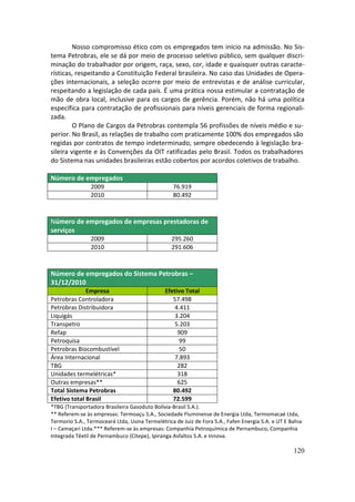 Nosso compromisso ético com os empregados tem início na admissão. No Sis-
tema Petrobras, ele se dá por meio de processo seletivo público, sem qualquer discri-
minação do trabalhador por origem, raça, sexo, cor, idade e quaisquer outras caracte-
rísticas, respeitando a Constituição Federal brasileira. No caso das Unidades de Opera-
ções internacionais, a seleção ocorre por meio de entrevistas e de análise curricular,
respeitando a legislação de cada país. É uma prática nossa estimular a contratação de
mão de obra local, inclusive para os cargos de gerência. Porém, não há uma política
específica para contratação de profissionais para níveis gerenciais de forma regionali-
zada.
         O Plano de Cargos da Petrobras contempla 56 profissões de níveis médio e su-
perior. No Brasil, as relações de trabalho com praticamente 100% dos empregados são
regidas por contratos de tempo indeterminado, sempre obedecendo à legislação bra-
sileira vigente e às Convenções da OIT ratificadas pelo Brasil. Todos os trabalhadores
do Sistema nas unidades brasileiras estão cobertos por acordos coletivos de trabalho.

Número de empregados
                2009                              76.919
                2010                              80.492



Número de empregados de empresas prestadoras de
serviços
                2009                              295.260
                2010                              291.606



Número de empregados do Sistema Petrobras –
31/12/2010
              Empresa                          Efetivo Total
Petrobras Controladora                            57.498
Petrobras Distribuidora                            4.411
Liquigás                                           3.204
Transpetro                                         5.203
Refap                                               909
Petroquisa                                          99
Petrobras Biocombustível                            50
Área Internacional                                 7.893
TBG                                                 282
Unidades termelétricas*                             318
Outras empresas**                                   625
Total Sistema Petrobras                           80.492
Efetivo total Brasil                              72.599
*TBG (Transportadora Brasileira Gasoduto Bolívia-Brasil S.A.).
** Referem-se às empresas: Termoaçu S.A., Sociedade Fluminense de Energia Ltda, Termomacaé Ltda,
Termorio S.A., Termoceará Ltda, Usina Termelétrica de Juiz de Fora S.A., Fafen Energia S.A. e UT E Bahia
I – Camaçari Ltda.*** Referem-se às empresas: Companhia Petroquímica de Pernambuco, Companhia
Integrada Têxtil de Pernambuco (Citepe), Ipiranga Asfaltos S.A. e Innova.

                                                                                                    120
 