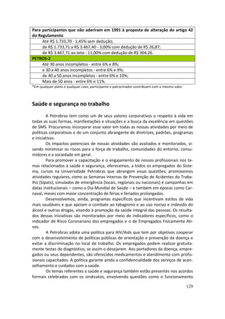 Para participantes que não aderiram em 1991 à proposta de alteração do artigo 42
do Regulamento
     Até R$ 1.733,70 - 1,45% sem dedução;
     de R$ 1.733,71 a R$ 3.467,40 - 3,00% com dedução de R$ 26,87;
     de R$ 3.467,71 ao teto - 11,00% com dedução de R$ 304,26.
PETROS-2
     Até 30 anos incompletos - entre 6% e 8%;
     e 30 a 40 anos incompletos - entre 6% e 9%;
     de 40 a 50 anos incompletos - entre 6% e 10%;
     Mais de 50 anos - entre 6% e 11%.
*Em qualquer plano e qualquer caso, participante e patrocinador contribuem com o mesmo valor.



Saúde e segurança no trabalho
        A Petrobras tem como um de seus valores corporativos o respeito à vida em
todas as suas formas, manifestações e situações e a busca da excelência em questões
de SMS. Procuramos incorporar esse valor em todas as nossas atividades por meio de
políticas corporativas e de um conjunto abrangente de diretrizes, padrões, programas
e iniciativas.
        Os impactos potenciais de nossas atividades são avaliados e monitorados, vi-
sando minimizar os riscos para a força de trabalho, comunidades do entorno, consu-
midores e a sociedade em geral.
        Para promover a capacitação e o engajamento de nossos profissionais nos te-
mas relacionados à saúde e segurança, oferecemos, a todos os empregados do Siste-
ma, cursos na Universidade Petrobras que abrangem essas questões; promovemos
atividades regulares, como as Semanas Internas de Prevenção de Acidentes do Traba-
lho (Sipats), simulados de emergência (locais, regionais ou nacionais) e campanhas em
datas institucionais – como o Dia Mundial de Saúde – e também em épocas como Car-
naval, meses com maior concentração de férias e feriados prolongados.
        Desenvolvemos, ainda, programas específicos que incentivam estilos de vida
mais saudáveis e que apoiam o combate ao tabagismo e ao uso nocivo e indevido do
álcool e outras drogas, visando à promoção da saúde integral das pessoas. Os resulta-
dos dessas iniciativas são monitorados por meio de indicadores específicos, como o
indicador de Risco Coronariano dos empregados e o de Empregados Fisicamente Ati-
vos.
        A Petrobras adota uma política para HIV/Aids que tem por objetivos cooperar
com o desenvolvimento de políticas públicas de orientação e prevenção da doença e
evitar a discriminação no local de trabalho. Os empregados podem realizar gratuita-
mente testes de diagnóstico, se assim o desejarem. Aos portadores da doença, empre-
gados ou seus dependentes, são oferecidos medicamentos e atendimento com profis-
sionais capacitados. A política garante ainda a confidencialidade dos serviços de acon-
selhamento e cuidados com a saúde.
        Os temas referentes a saúde e segurança também estão presentes nos acordos
formais celebrados com os sindicatos, envolvendo questões como o funcionamento

                                                                                                129
 