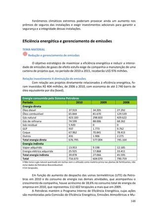 Fenômenos climáticos extremos poderiam provocar ainda um aumento nos
prêmios de seguros das instalações e exigir investimentos adicionais para garantir a
segurança e a integridade dessas instalações.


Eficiência energética e gerenciamento de emissões
TEMA MATERIAL
     Redução e gerenciamento de emissões

        O objetivo estratégico de maximizar a eficiência energética e reduzir a intensi-
dade de emissões de gases de efeito estufa exige da companhia a manutenção de uma
carteira de projetos que, no período de 2010 a 2015, receberão US$ 976 milhões.

Relação investimento X diminuição de emissões
       Com relação aos projetos diretamente relacionados à eficiência energética, fo-
ram investidos R$ 404 milhões, de 2006 a 2010, com economia de até 2.740 barris de
óleo equivalente por dia (boed).

Energia consumida pelo Sistema Petrobras
Período                               2010                                    2009                   2008
Energia direta
Óleo diesel                                   37.919                   34.205                  27.292
Óleo combustível                              65.844                   81.670                  129.539
Gás natural                                   423.183                  298.603                 429.622
Gás de refinaria                              74.599                   88.006                  68.262
Gás residual                                  5.920                    0                       0
GLP                                           937                      1.773                   9.762
Coque                                         67.962                   70.841                  78.413
Outros                                        431                      1.906                   2.275
Total energia direta                          676.795                  577.004                 745.164
Energia indireta
Vapor adquirido                               13.953                  9.198                    12.185
Energia elétrica adquirida                    25.925                  17.868                   33.411
Total energia indireta                        39.878                  27.066                   45.595
Total                                         716.673                 604.070                  790.759
• Não inclui o gás natural queimado em tochas nem o utilizado como matéria-prima nas plantas de fertilizantes; não
inclui dados da Petrobras Biocombustível.
• Em terajoules.


       Em função do aumento do despacho das usinas termelétricas (UTE) da Petro-
bras em 2010 e do consumo de energia nas demais atividades, que acompanhou o
crescimento da companhia, houve acréscimo de 18,6% no consumo total de energia da
empresa em 2010, que representou 112.602 terajoules a mais que em 2009.
       A Petrobras mantém o Programa Interno de Eficiência Energética, cujas ações
são monitoradas pela Comissão de Eficiência Energética, Emissões Atmosféricas e Mu-
                                                                                                             148
 