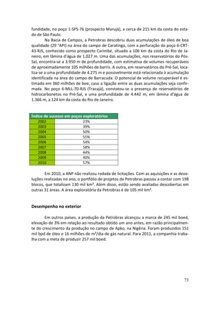 fundidade, no poço 1-SPS-76 (prospecto Marujá), a cerca de 215 km da costa do esta-
do de São Paulo.
        Na Bacia de Campos, a Petrobras descobriu duas acumulações de óleo de boa
qualidade (29 °API) na área do campo de Caratinga, com a perfuração do poço 6-CRT-
43-RJS, conhecido como prospecto Carimbé, situado a 106 km da costa do Rio de Ja-
neiro, em lâmina d’água de 1.027 m. Uma das acumulações, nos reservatórios do Pós-
Sal, encontra-se a 3.950 m de profundidade, com estimativa de volumes recuperáveis
de aproximadamente 105 milhões de barris. A outra, em reservatórios do Pré-Sal, loca-
liza-se a uma profundidade de 4.275 m e possivelmente está relacionada à acumulação
identificada na área do campo de Barracuda. O potencial de volume recuperável é es-
timado em 360 milhões de boe, caso a ligação entre as duas acumulações seja confir-
mada. No poço 6-MLL-70-RJS (Tracajá), constatou-se a presença de reservatórios de
hidrocarbonetos no Pré-Sal, a uma profundidade de 4.442 m, em lâmina d’água de
1.366 m, a 124 km da costa do Rio de Janeiro.


Índice de sucesso em poços exploratórios
   2002                     23%
   2003                     39%
   2004                     50%
   2005                     55%
   2006                     54%
   2007                     58%
   2008                     44%
   2009                     40%
   2010                     57%

       Em 2010, a ANP não realizou rodada de licitações. Com as aquisições e as devo-
luções realizadas no ano, o portfólio de projetos da Petrobras passou a contar com 198
blocos, que totalizam 130 mil km². Além disso, estão sendo avaliadas descobertas em
outras 31 áreas. A área exploratória da Petrobras é de 105 mil km².


Desempenho no exterior

       Em outros países, a produção da Petrobras alcançou a marca de 245 mil boed,
elevação de 3% em relação ao resultado obtido um ano antes, em razão principalmen-
te do crescimento da produção no campo de Apko, na Nigéria. Foram produzidos 151
mil bpd de óleo e 16 milhões de m³/dia de gás natural. Para 2011, a companhia traba-
lha com a meta de produzir 257 mil boed.




                                                                                   73
 