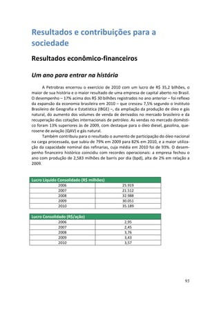 Resultados e contribuições para a
sociedade
Resultados econômico-financeiros

Um ano para entrar na história
      A Petrobras encerrou o exercício de 2010 com um lucro de R$ 35,2 bilhões, o
maior de sua história e o maior resultado de uma empresa de capital aberto no Brasil.
O desempenho – 17% acima dos R$ 30 bilhões registrados no ano anterior – foi reflexo
da expansão da economia brasileira em 2010 – que cresceu 7,5% segundo o Instituto
Brasileiro de Geografia e Estatística (IBGE) –, da ampliação da produção de óleo e gás
natural, do aumento dos volumes de venda de derivados no mercado brasileiro e da
recuperação das cotações internacionais de petróleo. As vendas no mercado domésti-
co foram 13% superiores às de 2009, com destaque para o óleo diesel, gasolina, que-
rosene de aviação (QAV) e gás natural.
      Também contribuiu para o resultado o aumento de participação do óleo nacional
na carga processada, que subiu de 79% em 2009 para 82% em 2010, e a maior utiliza-
ção da capacidade nominal das refinarias, cuja média em 2010 foi de 93%. O desem-
penho financeiro histórico coincidiu com recordes operacionais: a empresa fechou o
ano com produção de 2,583 milhões de barris por dia (bpd), alta de 2% em relação a
2009.


Lucro Líquido Consolidado (R$ milhões)
              2006                               25.919
              2007                               21.512
              2008                               32.988
              2009                               30.051
              2010                               35.189

Lucro Consolidado (R$/ação)
              2006                                2,95
              2007                                2,45
              2008                                3,76
              2009                                3,43
              2010                                3,57




                                                                                   93
 