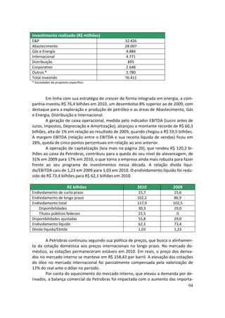 Investimento realizado (R$ milhões)
E&P                                              32.426
Abastecimento                                    28.007
Gás e Energia                                    4.884
Internacional                                    4.771
Distribuição                                      895
Corporativo                                      2.648
Outros *                                         2.780
Total investido                                  76.411
* Sociedades de propósito específico



        Em linha com sua estratégia de crescer de forma integrada em energia, a com-
panhia investiu R$ 76,4 bilhões em 2010, um desembolso 8% superior ao de 2009, com
destaque para a exploração e produção de petróleo e as áreas de Abastecimento, Gás
e Energia, Distribuição e Internacional.
        A geração de caixa operacional, medida pelo indicador EBITDA (Lucro antes de
Juros, Impostos, Depreciação e Amortização), alcançou o montante recorde de R$ 60,3
bilhões, alta de 1% em relação ao resultado de 2009, quando chegou a R$ 59,5 bilhões.
A margem EBITDA (relação entre o EBITDA e sua receita líquida de vendas) ficou em
28%, queda de cinco pontos percentuais em relação ao ano anterior.
        A operação de capitalização (leia mais na página 20), que rendeu R$ 120,2 bi-
lhões ao caixa da Petrobras, contribuiu para a queda do seu nível de alavancagem, de
31% em 2009 para 17% em 2010, o que torna a empresa ainda mais robusta para fazer
frente ao seu programa de investimentos nessa década. A relação dívida líqui-
da/EBITDA caiu de 1,23 em 2009 para 1,03 em 2010. O endividamento líquido foi redu-
zido de R$ 73,4 bilhões para R$ 62,1 bilhões em 2010.

                        R$ bilhões                        2010            2009
Endividamento de curto prazo                               15,7           15,6
Endividamento de longo prazo                              102,2           86,9
Endividamento total                                       117,9           102,5
    Disponibilidades                                       30,3           29,0
    Títulos públicos federais                              25,5             0
Disponibilidades ajustadas                                 55,8           29,0
Endividamento líquido                                      62,1           73,4
Dívida líquida/Ebitda                                      1,03           1,23

       A Petrobras continuou seguindo sua política de preços, que busca o alinhamen-
to da cotação doméstica aos preços internacionais no longo prazo. No mercado do-
méstico, as cotações permaneceram estáveis em 2010. Em reais, o preço dos deriva-
dos no mercado interno se manteve em R$ 158,43 por barril. A elevação das cotações
do óleo no mercado internacional foi parcialmente compensada pela valorização de
12% do real ante o dólar no período.
       Por conta do aquecimento do mercado interno, que elevou a demanda por de-
rivados, a balança comercial da Petrobras foi impactada com o aumento das importa-
                                                                                  94
 