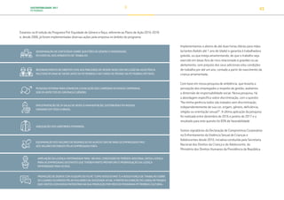 SUSTENTABILIDADE 2017
PETROBRAS 43
Estamos na 6a
edição do Programa Pró-Equidade de Gênero e Raça, referente ao Plano de Ação 2016-2018
e, desde 2006, já foram implementadas diversas ações pela empresa no âmbito do programa:
Implementamos o abono de até duas horas diárias para mães
lactantes (bebês até 1 ano de idade) e garantia à trabalhadora
grávida, ou que esteja amamentando, de que o trabalho seja
exercido em áreas fora de risco relacionado à gravidez ou ao
aleitamento, sem prejuízo dos seus adicionais e/ou condições
de trabalho por até um ano, contado a partir do nascimento da
criança amamentada.
Com base em nossa pesquisa de ambiência, que levanta a
percepção dos empregados a respeito da gestão, avaliamos
a dimensão de responsabilidade social. Nessa pesquisa, há
a abordagem específica sobre discriminação, com o quesito:
“Na minha gerência todos são tratados sem discriminação,
independentemente de sua cor, origem, gênero, deficiência,
religião ou orientação sexual?”. A última aplicação da pesquisa
foi realizada entre dezembro de 2016 e janeiro de 2017 e o
resultado para este quesito foi 83% de favorabilidade.
Somos signatários da Declaração de Compromisso Corporativo
no Enfrentamento da Violência Sexual de Crianças e
Adolescentes desde 2010, iniciativa conduzida pela Secretaria
Nacional dos Direitos da Criança e do Adolescente, do
Ministério dos Direitos Humanos da Presidência da República.
PROMOÇÃO DE DEBATE COM A EQUIPE DO FILME “COMO NOSSOS PAIS” E A NOSSA FORÇA DE TRABALHO SOBRE
OS LUGARES OCUPADOS PELAS MULHERES NA SOCIEDADE ATUAL A PARTIR DA EXIBIÇÃO DO LONGA METRAGEM,
QUE CONTOU COM NOSSO PATROCÍNIO NA SUA PRODUÇÃO POR MEIO DO PROGRAMA PETROBRAS CULTURAL.
DISSEMINAÇÃO DE CONTEÚDOS SOBRE QUESTÕES DE GÊNERO E DIVERSIDADE,
EM ESPECIAL NOS AMBIENTES DE TRABALHO.
RECONHECIMENTO DE DIREITOS CIVIS AOS PARCEIROS DE MESMO SEXO COM INCLUSÃO NA ASSISTÊNCIA
MULTIDISCIPLINAR DE SAÚDE (AMS) DA PETROBRAS E NO FUNDO DE PENSÃO DA PETROBRAS (PETROS).
PESQUISA INTERNA PARA CONHECER A EVOLUÇÃO DAS CARREIRAS EM NOSSA COMPANHIA,
SOB OS ASPECTOS DE COR/RAÇA E GÊNERO.
IMPLEMENTAÇÃO DE 24 SALAS DE APOIO À AMAMENTAÇÃO, DISTRIBUÍDAS EM NOSSAS
UNIDADES EM TODO O BRASIL.
ADEQUAÇÃO DOS UNIFORMES FEMININOS.
EQUIPARAÇÃO DOS VALORES DE REEMBOLSO DO AUXÍLIO CRECHE PARA OS EMPREGADOS PAIS
AOS VALORES RECEBIDOS PELAS EMPREGADAS MÃES.
AMPLIAÇÃO DA LICENÇA-MATERNIDADE PARA 180 DIAS, CONCESSÃO DE PERÍODO ADICIONAL DESSA LICENÇA
PARA AS EMPREGADAS GESTANTES QUE TIVEREM PARTO PREMATURO E PRORROGAÇÃO DA LICENÇA
PATERNIDADE PARA 20 DIAS.
TRANSIÇÃO PARA UMA
ECONOMIA DE
BAIXO CARBONO
TRANSFORMAÇÃO
DIGITAL
PESSOAS MEIO
AMBIENTE
SOCIEDADE E
RELACIONAMENTO
 