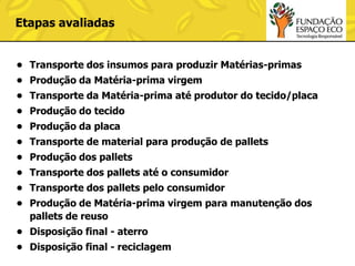 Etapas avaliadas
• Transporte dos insumos para produzir Matérias-primas
• Produção da Matéria-prima virgem
• Transporte da Matéria-prima até produtor do tecido/placa

• Produção do tecido
• Produção da placa
• Transporte de material para produção de pallets
• Produção dos pallets

• Transporte dos pallets até o consumidor
• Transporte dos pallets pelo consumidor
• Produção de Matéria-prima virgem para manutenção dos
pallets de reuso

• Disposição final - aterro
• Disposição final - reciclagem

 