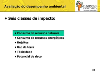 Avaliação do desempenho ambiental

• Seis classes de impacto:

• Consumo de recursos naturais
• Consumo de recursos energéticos
• Rejeitos
• Uso da terra
• Toxicidade

• Potencial de risco

22

 