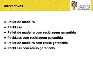 Alternativas

• Pallet de madeira
• PackLess
• Pallet de madeira com reciclagem garantida

• PackLess com reciclagem garantida
• Pallet de madeira com reuso garantido
• PackLess com reuso garantido

 