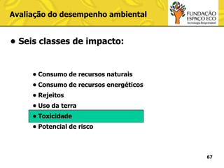 Avaliação do desempenho ambiental

• Seis classes de impacto:

• Consumo de recursos naturais
• Consumo de recursos energéticos
• Rejeitos
• Uso da terra
• Toxicidade

• Potencial de risco

67

 