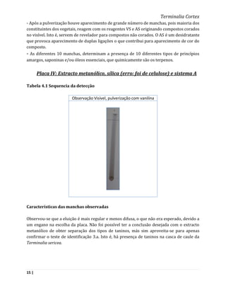 Terminalia Cortex
- Após a pulverização houve aparecimento de grande número de manchas, pois maioria dos
constituintes dos vegetais, reagem com os reagentes VS e AS originando compostos corados
no visível. Isto é, servem de revelador para compostos não corados. O AS é um desidratante
que provoca aparecimento de duplas ligações o que contribui para aparecimento de cor do
composto.
- As diferentes 10 manchas, determinam a presença de 10 diferentes tipos de princípios
amargos, saponinas e/ou óleos essenciais, que quimicamente são os terpenos.


       Placa IV: Extracto metanólico, sílica (erro: foi de celulose) e sistema A

Tabela 4.1 Sequencia da detecção

                       Observação Visível, pulverização com vanilina




Características das manchas observadas

Observou-se que a eluição é mais regular e menos difusa, o que não era esperado, devido a
um engano na escolha da placa. Não foi possível ter a conclusão desejada com o extracto
metanólico de obter separação dos tipos de taninos, más sim aproveita-se para apenas
confirmar o teste de identificação 3.a. Isto é, há presença de taninos na casca de caule da
Terminalia sericea.




15 |
 