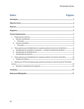 Terminalia Cortex



Índice                                                                                                                                                                            Páginas
Introdução ........................................................................................................................................................ 3

Objectivo Geral ................................................................................................................................................ 4

Material ............................................................................................................................................................. 4

Reagentes.......................................................................................................................................................... 5

Técnica Experimental.................................................................................................................................... 5
   1.     Preparação de extractos ..................................................................................................................................................5
        a.  Extracto clorofórmico .................................................................................................................................................5
          i. Discussão ......................................................................................................................................................................6
        b. Extracto metanólico .....................................................................................................................................................6
          i. Discussão ......................................................................................................................................................................7
   2.        Testes químicos para identificação de compostos químicos do extracto clorofórmico ......................8
        a.     Identificação de esteróides e triterpenos – reacção de Liebermann-Buchard: ............................8
        b.     Identificação de alcalóides livres ..........................................................................................................................9
        c.     Identificação de quinonas .........................................................................................................................................9
   3.     Testes químicos para identificação de compostos químicos do extracto metanólico ...................... 10
        a. Pesquisa de taninos:..................................................................................................................................................10
   4. Rastreio por CCF dos principais grupos químicos presentes na casca do caule de Terminalia
   sericea .............................................................................................................................................................................................. 10
     a. Detecção e classificação de compostos ...........................................................................................................12

Conclusão ........................................................................................................................................................ 17

Referencia Bibliográfica ............................................................................................................................. 17




2|
 