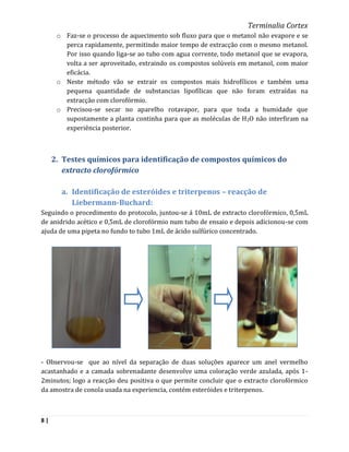 Terminalia Cortex
      o Faz-se o processo de aquecimento sob fluxo para que o metanol não evapore e se
        perca rapidamente, permitindo maior tempo de extracção com o mesmo metanol.
        Por isso quando liga-se ao tubo com agua corrente, todo metanol que se evapora,
        volta a ser aproveitado, extraindo os compostos solúveis em metanol, com maior
        eficácia.
      o Neste método vão se extrair os compostos mais hidrofílicos e também uma
        pequena quantidade de substancias lipofílicas que não foram extraídas na
        extracção com clorofórmio.
      o Precisou-se secar no aparelho rotavapor, para que toda a humidade que
        supostamente a planta continha para que as moléculas de H2O não interfiram na
        experiência posterior.



     2. Testes químicos para identificação de compostos químicos do
        extracto clorofórmico

       a. Identificação de esteróides e triterpenos – reacção de
          Liebermann-Buchard:
Seguindo o procedimento do protocolo, juntou-se á 10mL de extracto clorofórmico, 0,5mL
de anidrido acético e 0,5mL de clorofórmio num tubo de ensaio e depois adicionou-se com
ajuda de uma pipeta no fundo to tubo 1mL de ácido sulfúrico concentrado.




- Observou-se que ao nível da separação de duas soluções aparece um anel vermelho
acastanhado e a camada sobrenadante desenvolve uma coloração verde azulada, após 1-
2minutos; logo a reacção deu positiva o que permite concluir que o extracto clorofórmico
da amostra de conola usada na experiencia, contém esteróides e triterpenos.



8|
 
