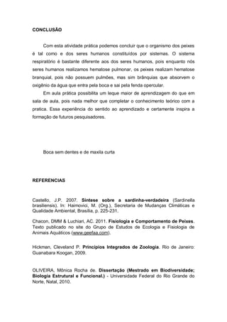 CONCLUSÃO
Com esta atividade prática podemos concluir que o organismo dos peixes
é tal como e dos seres humanos constituídos por sistemas. O sistema
respiratório é bastante diferente aos dos seres humanos, pois enquanto nós
seres humanos realizamos hematose pulmonar, os peixes realizam hematose
branquial, pois não possuem pulmões, mas sim brânquias que absorvem o
oxigênio da água que entra pela boca e sai pela fenda opercular.
Em aula prática possibilita um leque maior de aprendizagem do que em
sala de aula, pois nada melhor que completar o conhecimento teórico com a
pratica. Essa experiência do sentido ao aprendizado e certamente inspira a
formação de futuros pesquisadores.
Boca sem dentes e de maxila curta
REFERENCIAS
Castello, J.P. 2007. Síntese sobre a sardinha-verdadeira (Sardinella
brasiliensis). In: Haimovici, M. (Org.), Secretaria de Mudanças Climáticas e
Qualidade Ambiental, Brasília, p. 225-231.
Chacon, DMM & Luchiari, AC. 2011. Fisiologia e Comportamento de Peixes.
Texto publicado no site do Grupo de Estudos de Ecologia e Fisiologia de
Animais Aquáticos (www.geefaa.com).
Hickman, Cleveland P. Princípios Integrados de Zoologia. Rio de Janeiro:
Guanabara Koogan, 2009.
OLIVEIRA, Mônica Rocha de. Dissertação (Mestrado em Biodiversidade;
Biologia Estrutural e Funcional.) - Universidade Federal do Rio Grande do
Norte, Natal, 2010.
 