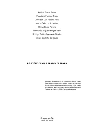 Antônia Souza Farias
Franciane Ferreira Costa
Jefferson Luís Rosário Reis
Márcia Célia Lobão Mattos
Olivan Costa Pereira
Raimundo Augusto Borges Neto
Rodrigo Patrick Correa de Oliveira
Vivian Coutinho de Souza
RELATÓRIO DE AULA PRÁTICA DE PEIXES
Relatório apresentado ao professor Renan Leão
Reis como pré-requisito para a obtenção de nota
da disciplina de Diversidade Zoológica II, do curso
de Ciências Naturais Licenciatura da Universidade
Federal do Pará – UFPA/ Campus Bragança.
Bragança – PA
Abril de 2016
 