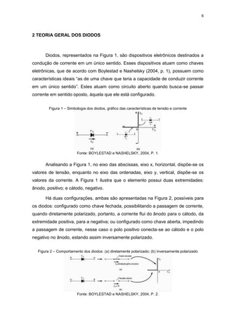 6
2 TEORIA GERAL DOS DIODOS
Diodos, representados na Figura 1, são dispositivos eletrônicos destinados a
condução de corrente em um único sentido. Esses dispositivos atuam como chaves
eletrônicas, que de acordo com Boylestad e Nashelsky (2004, p. 1), possuem como
características ideais “as de uma chave que teria a capacidade de conduzir corrente
em um único sentido”. Estes atuam como circuito aberto quando busca-se passar
corrente em sentido oposto, àquela que ele está configurado.
Figura 1 – Simbologia dos diodos, gráfico das características de tensão e corrente
Fonte: BOYLESTAD e NASHELSKY, 2004, P. 1.
Analisando a Figura 1, no eixo das abscissas, eixo x, horizontal, dispõe-se os
valores de tensão, enquanto no eixo das ordenadas, eixo y, vertical, dispõe-se os
valores da corrente. A Figura 1 ilustra que o elemento possui duas extremidades:
ânodo, positivo; e cátodo, negativo.
Há duas configurações, ambas são apresentadas na Figura 2, possíveis para
os diodos: configurado como chave fechada, possibilitando a passagem de corrente,
quando diretamente polarizado, portanto, a corrente flui do ânodo para o cátodo, da
extremidade positiva, para a negativa; ou configurado como chave aberta, impedindo
a passagem de corrente, nesse caso o polo positivo conecta-se ao cátodo e o polo
negativo no ânodo, estando assim inversamente polarizado.
Figura 2 – Comportamento dos diodos: (a) diretamente polarizado; (b) inversamente polarizado
Fonte: BOYLESTAD e NASHELSKY, 2004, P. 2.
 