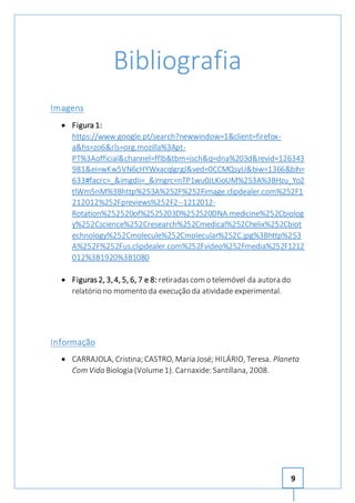9 
Bibliografia 
Imagens 
 Figura 1: 
https://www.google.pt/search?newwindow=1&client=firefox-a& 
hs=zo6&rls=org.mozilla%3Apt- 
PT%3Aofficial&channel=fflb&tbm=isch&q=dna%203d&revid=126343 
981&ei=wKw5VN6cHYWxacqlgrgJ&ved=0CCMQsyU&biw=1366&bih= 
633#facrc=_&imgdii=_&imgrc=nTP1wu0JLKioUM%253A%3BHzu_Yo2 
tlWm5nM%3Bhttp%253A%252F%252Fimage.clipdealer.com%252F1 
212012%252Fpreviews%252F2--1212012- 
Rotation%252520of%2525203D%252520DNA.medicine%252Cbiolog 
y%252Cscience%252Cresearch%252Cmedical%252Chelix%252Cbiot 
echnology%252Cmolecule%252Cmolecular%252C.jpg%3Bhttp%253 
A%252F%252Fus.clipdealer.com%252Fvideo%252Fmedia%252F1212 
012%3B1920%3B1080 
 Figuras 2, 3, 4, 5, 6, 7 e 8: retiradas com o telemóvel da autora do 
relatório no momento da execução da atividade experimental. 
Informação 
 CARRAJOLA, Cristina; CASTRO, Maria José; HILÁRIO, Teresa. Planeta 
Com Vida Biologia (Volume 1). Carnaxide: Santillana, 2008. 
