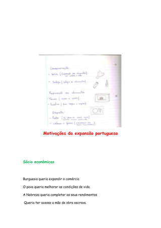 Motivações da expansão portuguesa




Sócio económicas



Burguesia queria expandir o comércio.

O povo queria melhorar as condições de vida.

A Nobreza queria completar os seus rendimentos

Queria ter acesso a mão de obra escrava.
 