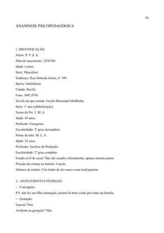 36

ANAMNESE PSICOPEDAGÓGICA




1. IDENTIFICAÇÃO
Nome: P. V. S. A.
Data de nascimento: 22/03/04.
Idade: 6 anos.
Sexo: Masculino.
Endereço: Rua Almeida Júnior, nº 199.
Bairro: Imbiribeira.
Cidade: Recife.
Fone: 3082.8741.
Escola em que estuda: Escola Municipal Abelhinha.
Série: 1º ano (alfabetização).
Nome do Pai: J. M. A.
Idade: 43 anos.
Profissão: Estoquista.
Escolaridade: 2º grau incompleto.
Nome da mãe: M. L. S.
Idade: 32 anos.
Profissão: Auxiliar de Produção.
Escolaridade: 2º grau completo.
Estado civil do casal: Não são casados oficialmente, apenas moram juntos.
Posição da criança na família: Caçula.
Número de irmãos: Um irmão de dez anos e uma irmã paterna.


2 - ANTECEDENTES PESSOAIS:
− Concepção:
P.V. não foi um filho planejado, porém foi bem vindo por todos da família
− Gestação:
Enjoou? Sim.
Acidente na gestação? Não.
 