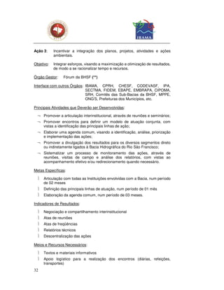 Ação 3:     Incentivar a integração dos planos, projetos, atividades e ações
            ambientais.

Objetivo:   Integrar esforços, visando a maximização e otimização de resultados,
            de modo a se racionalizar tempo e recursos.

Órgão Gestor:    Fórum da BHSF (**)

Interface com outros Órgãos: IBAMA, CPRH, CHESF, CODEVASF, IPA,
                             SECTMA, FIDEM, EBAPE, EMBRAPA, CIPOMA,
                             SRH, Comitês das Sub-Bacias da BHSF, MPPE,
                             ONG’S, Prefeituras dos Municípios, etc.

Principais Atividades que Deverão ser Desenvolvidas:

  ¬ Promover a articulação interinstitucional, através de reuniões e seminários;
  ¬ Promover encontros para definir um modelo de atuação conjunta, com
    vistas a identificação das principais linhas de ação;
  ¬ Elaborar uma agenda comum, visando a identificação, análise, priorização
    e implementação das ações;
  ¬ Promover a divulgação dos resultados para os diversos segmentos direto
    ou indiretamente ligados à Bacia Hidrográfica do Rio São Francisco;
  ¬ Sistematizar um processo de monitoramento das ações, através de
    reuniões, visitas de campo e análise dos relatórios, com vistas ao
    acompanhamento efetivo e/ou redirecionamento quando necessário.

Metas Específicas:

     Articulação com todas as Instituições envolvidas com a Bacia, num período
      de 02 meses
     Definição das principais linhas de atuação, num período de 01 mês
     Elaboração da agenda comum, num período de 03 meses.

Indicadores de Resultados:

     Negociação e compartilhamento interinstitucional
     Atas de reuniões
     Atas de freqüências
     Relatórios técnicos
     Descentralização das ações

Meios e Recursos Necessários:

     Textos e materiais informativos
     Apoio logístico para a realização dos encontros (diárias, refeições,
      transportes)
32
 